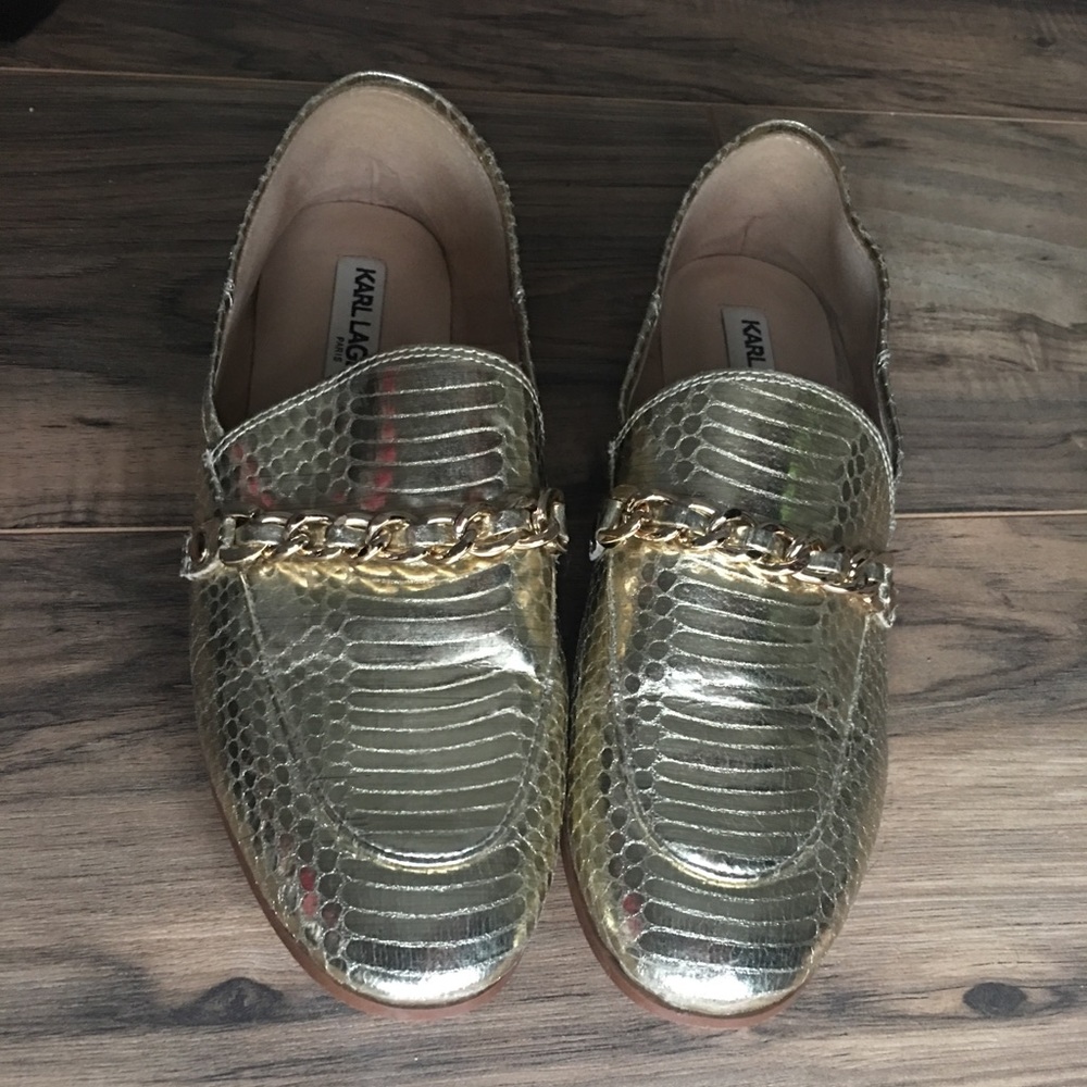 Karl Lagerfeld gold loafers